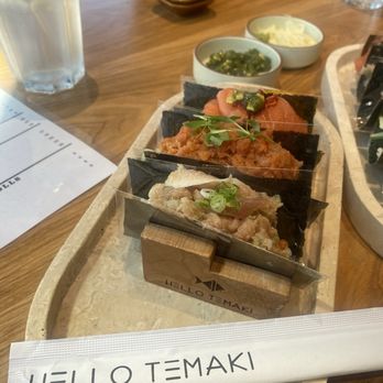 Hello Temaki - Set menu: 3 Hand Rolls salmon, spicy tuna and Yuzu Negihama - Sushi Bars Near Me - Elk Grove, California Hello Temaki - Set menu: 3 Hand Rolls salmon, spicy tuna and Yuzu Negihama - Sushi Bars Near Me - Elk Grove, California
