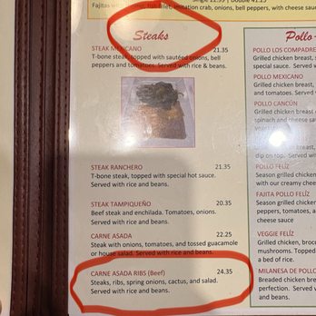 Los Compadres Mexican Grill - If you ordered this dish, what would YOU expect? In steak section and there is a clear comma between the word steak and ribs. - Mexican Near Me - Huntsville, Alabama Los Compadres Mexican Grill - If you ordered this dish, what would YOU expect? In steak section and there is a clear comma between the word steak and ribs. - Mexican Near Me - Huntsville, Alabama