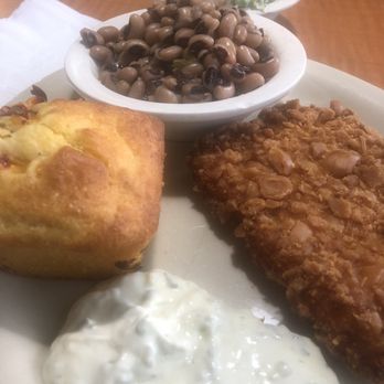 Luby's - Fish patty, tartar sauce, Jalapeño cornbread, black eyed peas and pea salad. - American Near Me - Dallas, Texas Luby's - Fish patty, tartar sauce, Jalapeño cornbread, black eyed peas and pea salad. - American Near Me - Dallas, Texas