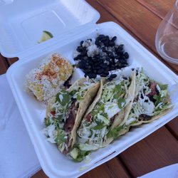Barbacoa - Pork taco plate with corn and black bean/rice