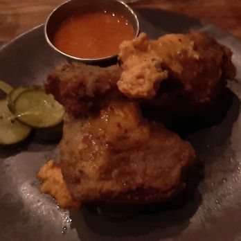 Watershed Kitchen & Bar - Fried chicken with whipped pig butter, B&B pickles and Black Cap Hot Sauce. - Cocktail Bars Near Me - Columbus, Ohio Watershed Kitchen & Bar - Fried chicken with whipped pig butter, B&B pickles and Black Cap Hot Sauce. - Cocktail Bars Near Me - Columbus, Ohio