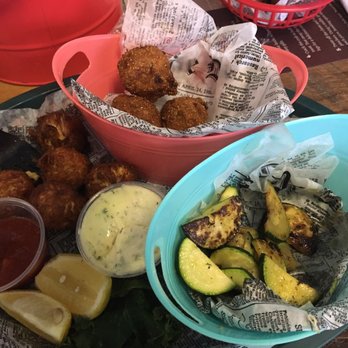 Casey's Crab Company - Crab balls with side of hush puppies & grilled zucchini Yummmm!!! - Seafood Near Me - Laurel, Maryland