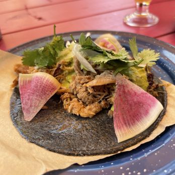 Nixta Taqueria - Duck Carnitas Tostada - Mexican Near Me - Austin, Texas Nixta Taqueria - Duck Carnitas Tostada - Mexican Near Me - Austin, Texas