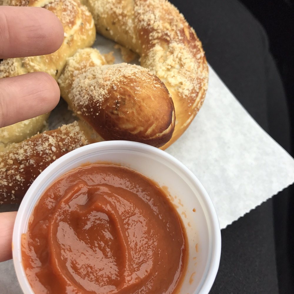 Peterson's Pretzels - Parmesan pretzel with marinara sauce is to die for - Pretzels Near Me - Alaska, Oregon