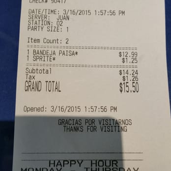 Rinconcito Paisa - 1:57pm was the time placed in the system but charged me full price. - Colombian Near Me - Staten Island, New York Rinconcito Paisa - 1:57pm was the time placed in the system but charged me full price. - Colombian Near Me - Staten Island, New York