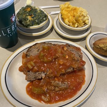 Cleburne Cafeteria - Meatloaf, creamed spinach, mac n cheese, jalapeño cornbread and ice tea. - American Near Me - Houston, Texas