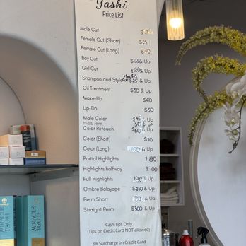 Yashi - Price list as of 7/20/26 - Hair Salons Near Me - Westminster, California Yashi - Price list as of 7/20/26 - Hair Salons Near Me - Westminster, California