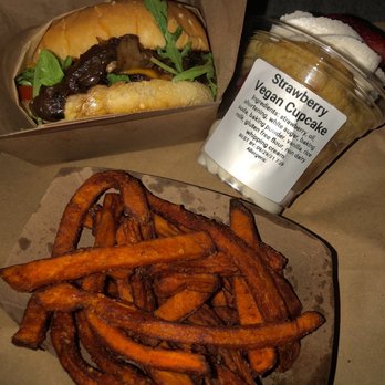 Green Tomato Grill - Vegan Char Burger, Sweet Potato Fries, Strawberry Vegan Cupcake - New American Near Me - Brea, California Green Tomato Grill - Vegan Char Burger, Sweet Potato Fries, Strawberry Vegan Cupcake - New American Near Me - Brea, California