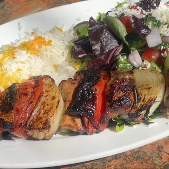 Panini Kabob Grill - Lamb kabob plate with basmati rice and mediterranean salad. - Mediterranean Near Me - Long Beach, California Panini Kabob Grill - Lamb kabob plate with basmati rice and mediterranean salad. - Mediterranean Near Me - Long Beach, California