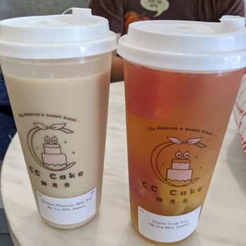 CC Cake - L-R: Golden Phoenix Milk Tea, $4.75 prior to tax. Super Fruit Tea, $5.95 prior to tax - Desserts Near Me - Arcadia, California