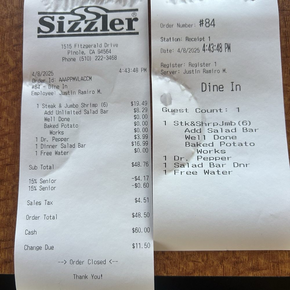 Sizzler - My treat it's a celebration - Seafood Near Me - Pinole, California Sizzler - My treat it's a celebration - Seafood Near Me - Pinole, California