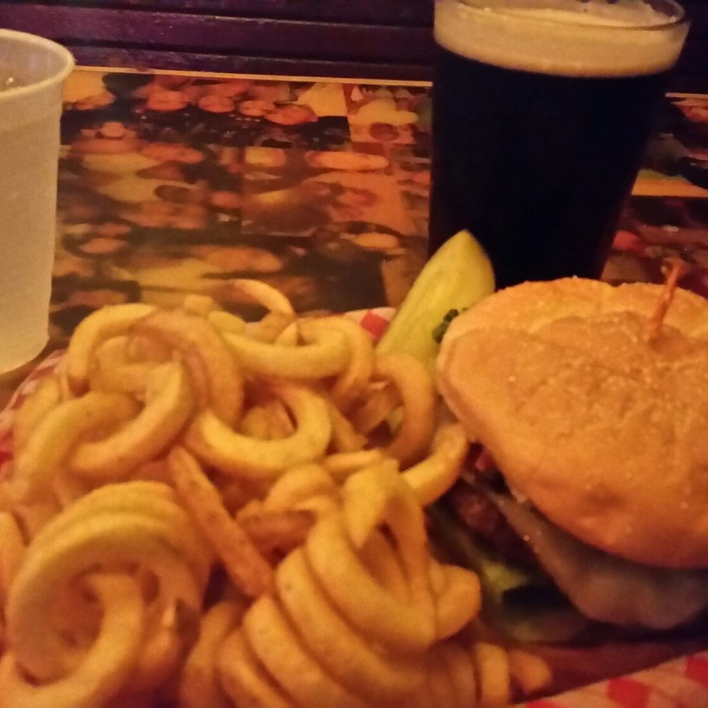 Madison Bear Garden - Pastrami burger with curly fries and a Sierra Nevada Porter. - Bars Near Me - Chico, California Madison Bear Garden - Pastrami burger with curly fries and a Sierra Nevada Porter. - Bars Near Me - Chico, California