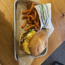 Grassburger - bacon cheeseburger and sweet potato fries.