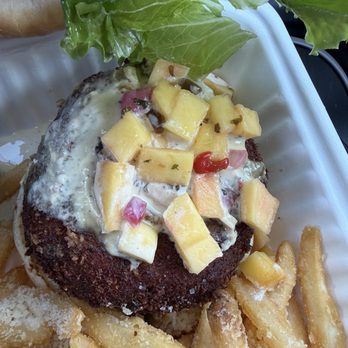 Hops Burger Bar - Topping on the crab patti. (Raw onion mixed with something ) - Burgers Near Me - Greensboro, North Carolina Hops Burger Bar - Topping on the crab patti. (Raw onion mixed with something ) - Burgers Near Me - Greensboro, North Carolina