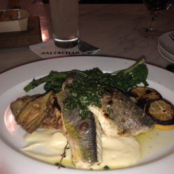 Salt & Char - Bronzino with artichokes, broccoli rabe and parsnip purée - Steakhouses Near Me - Saratoga Springs, New York Salt & Char - Bronzino with artichokes, broccoli rabe and parsnip purée - Steakhouses Near Me - Saratoga Springs, New York