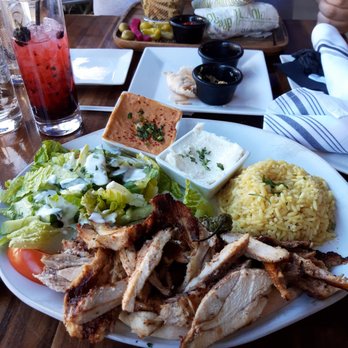 The Olive Restobar - Chicken shawarma with rice pilaf spicy hummus and Mediterranean salad - Mediterranean Near Me - Downey, California