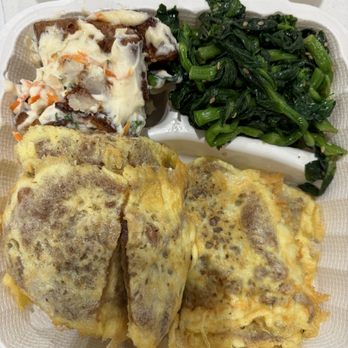 Yummy Korean BBQ - Meat Jun combo, spinach side and potato side. - Korean Near Me - Honolulu, Hawaii Yummy Korean BBQ - Meat Jun combo, spinach side and potato side. - Korean Near Me - Honolulu, Hawaii