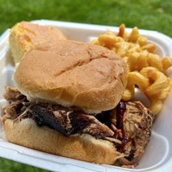 Jim’s Smokin’ Que - Pulled-pork sandwich, cornbread, and mac and cheese