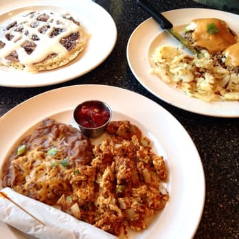 The Trails Eatery - Sin-a-mom roll pancakes, soyrizo (left) and piggyback bene (right). - Breakfast & Brunch Near Me - San Diego, California The Trails Eatery - Sin-a-mom roll pancakes, soyrizo (left) and piggyback bene (right). - Breakfast & Brunch Near Me - San Diego, California