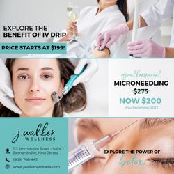J Walker Wellness - The Holidays are a time to look and feel your best. Enjoy special savings on Microneedling or visit us for IV Drip and Botox!
Book Now!