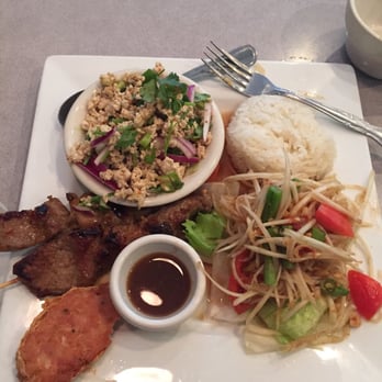 Thai Café - Sampler 1. Larb, papaya salad, skewers, and sticky rice - Thai Near Me - Springfield, Virginia Thai Café - Sampler 1. Larb, papaya salad, skewers, and sticky rice - Thai Near Me - Springfield, Virginia
