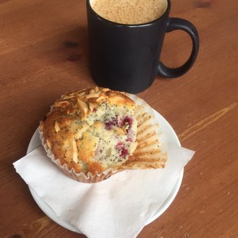 Costello's Cafe and Bakery - Raspberry poppyseed muffin with almonds on the top. And a house coffe - Bakeries Near Me - Portland, Oregon