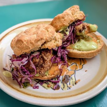 Fog Eater Cafe - Biscuit Sliders with buffalo-style cauliflower - Southern Near Me - Mendocino, California Fog Eater Cafe - Biscuit Sliders with buffalo-style cauliflower - Southern Near Me - Mendocino, California