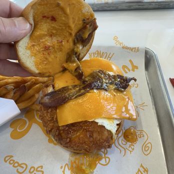 Egg N Bird - #1 Signature Egg N Bird sandwich. This comes with chicken, egg, cheese and bacon. It's topped off with their signature sauce. Good stuff! - Chicken Shop Near Me - Plano, Texas