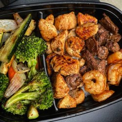 Highland Park Hibachi - Chicken, shrimp and steak combo with steamed rice and veggies