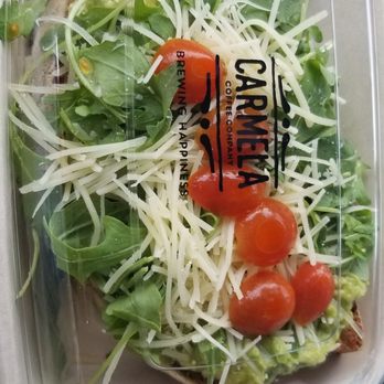 Carmela Coffee - Parkland - Arugula parmesan avocado toast to go, with cherry tomatoes added. - Coffee & Tea Near Me - Parkland, Florida