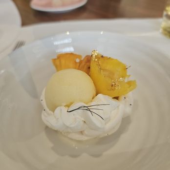Le Pavillon - Lunch- Pineapple Vacherin- honey ginger rotisserie pineapple, sorbet, fennel marmalade, vanilla Chantilly. A bit unbalanced but good - French Near Me - New York, New York