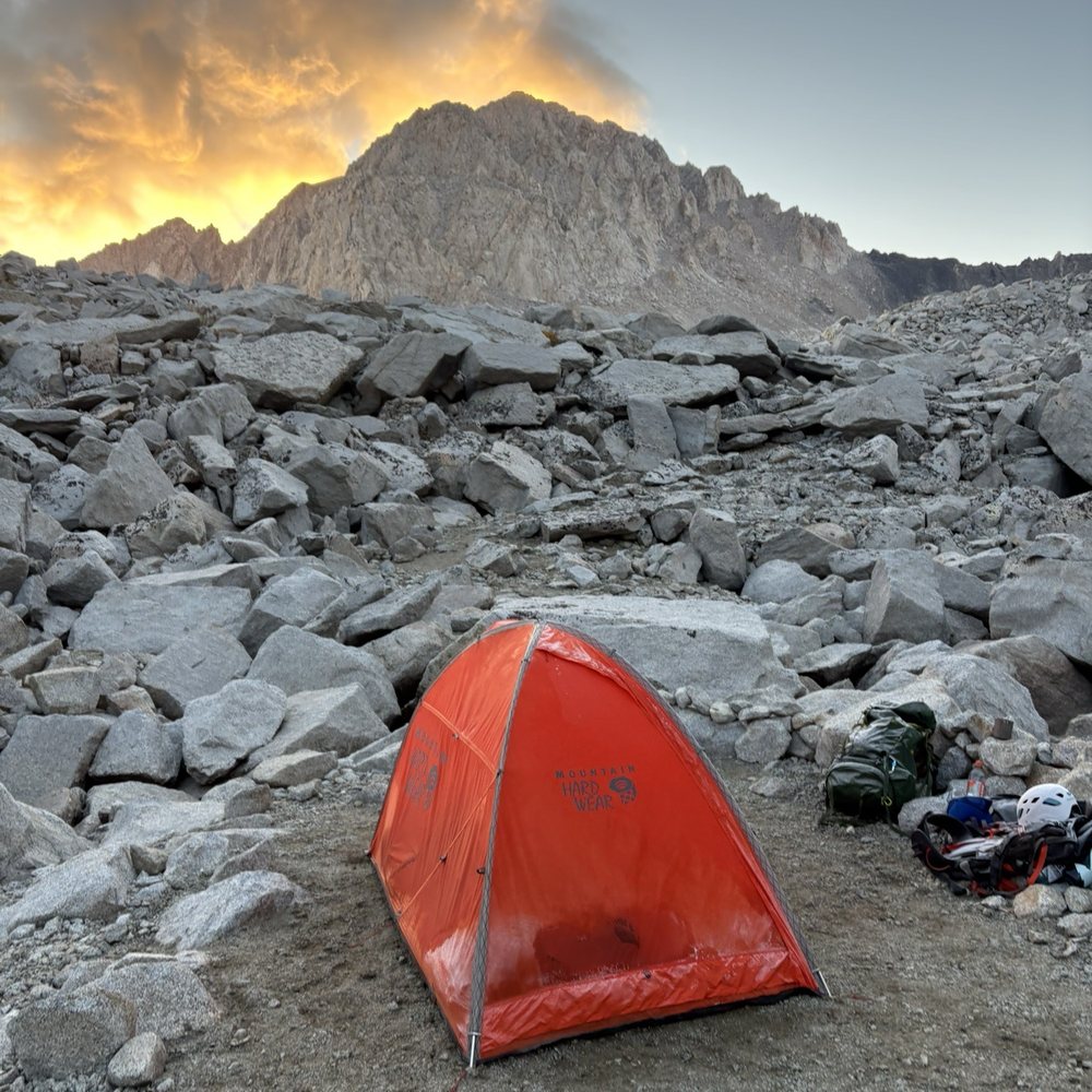 Shepherd Pass Trailhead - Sunset with tent and Mount Williamson in back - Hiking Near Me - Mt Williamson, California