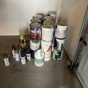 Jeb's - Many paint cans which were actually put outside for pickup. - Junk Removal & Hauling Near Me Jeb's - Many paint cans which were actually put outside for pickup. - Junk Removal & Hauling Near Me