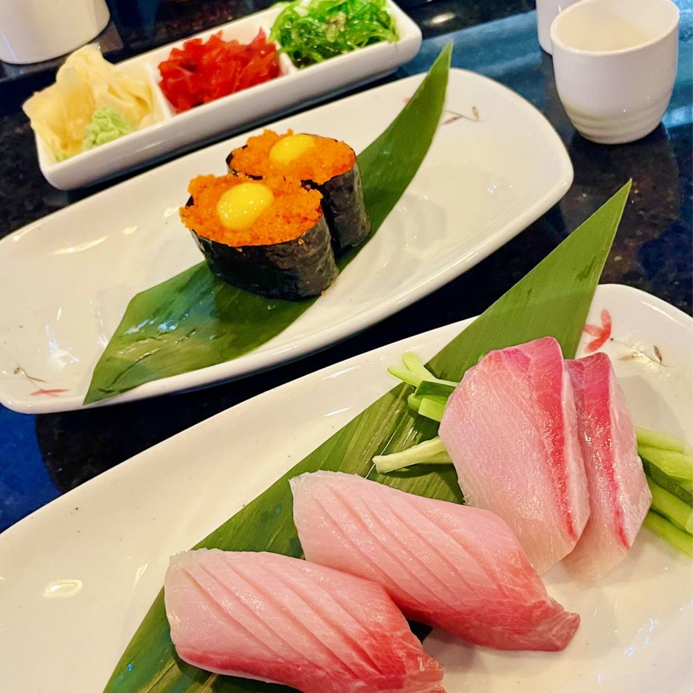 Ahi Sushi - Yellowtail sushi and Masago with quail eggs - Sushi Bars Near Me - Bakersfield, California Ahi Sushi - Yellowtail sushi and Masago with quail eggs - Sushi Bars Near Me - Bakersfield, California