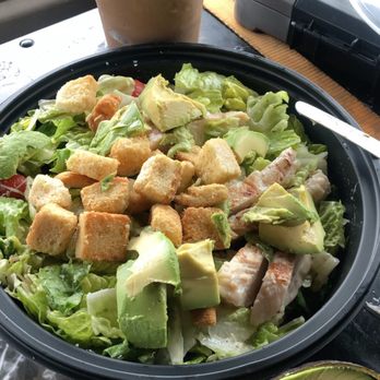 Costco Food Court - Chicken Cesar salad, latte freeze and added avocado myself. - Food Court Near Me - Commerce, California Costco Food Court - Chicken Cesar salad, latte freeze and added avocado myself. - Food Court Near Me - Commerce, California