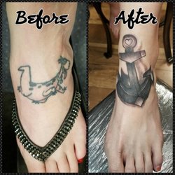 Art of The Heart Tattoo - Foot cover-up of black and white anchor. Before and after picture - done by Gus Byrd in Oct 2016