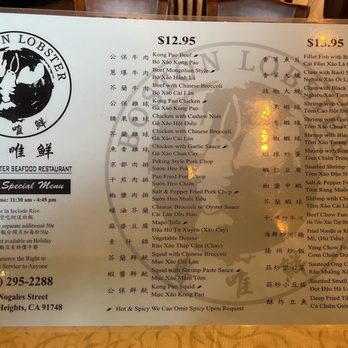 Boston Lobster - Lunch Special Menu - Chinese Near Me - Rowland Heights, California