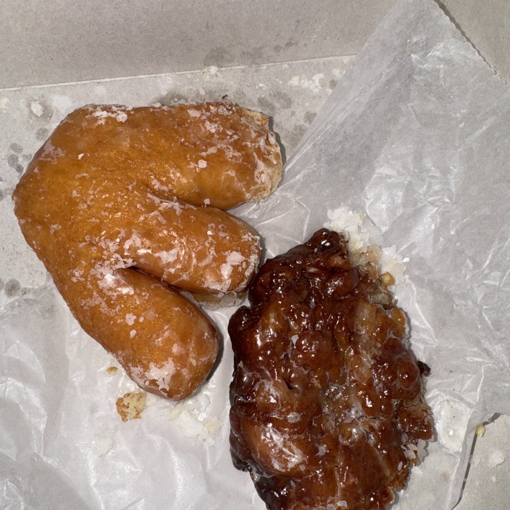 Half of an apple bear claw and half of an apple fritter Half of an apple bear claw and half of an apple fritter