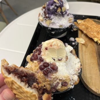Tsuki - Front to back: red bean taiyaki, mini injeolmi bingsu, and ube bingsu - Ice Cream & Frozen Yogurt Near Me - Portland, Oregon