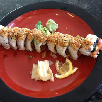 Sea Fresh - Solimar Roll: Inside: Feta Cheese, spicy Tuna, Cucumber, Sprouts; Top: Fried Garlic, Ponzu - Seafood Near Me - Ojai, California