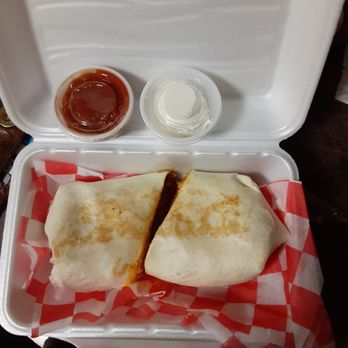 Kimmie’s Pub N Grub - a burrito in a styrofoam container - Tacos Near Me - Prescott, Michigan