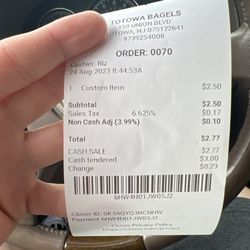 Totowa Bagels - The receipt stating the pricing.