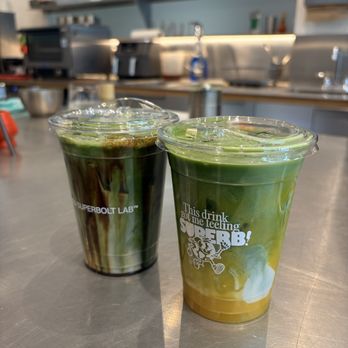 SuperBolt Lab - Super Matcha (Left), Mango Matcha (Right) - Coffee & Tea Near Me - Vancouver, British Columbia SuperBolt Lab - Super Matcha (Left), Mango Matcha (Right) - Coffee & Tea Near Me - Vancouver, British Columbia