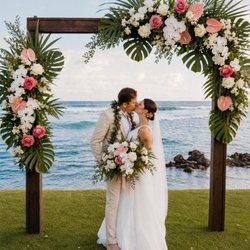 Bloom Kauai - Wedding Arch, Wedding Bouquet, and Maile Style Ti Leaf Lei.