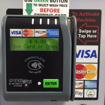 High Spin Laundry - Credit card close-up.  (I never press the green button.) - Laundromat Near Me - Charlotte, North Carolina