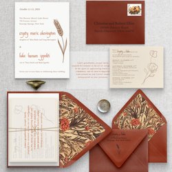Cotton Ink - Wheat design wedding invitation suite with two color letterpress, vellum overlay, twine wrap and sepia envelope with floral and wheat liner.