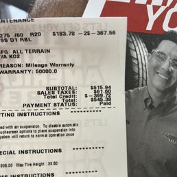 $399.72 credit they gave me because, "I was upset." No $399.72 credit because the tires are under warranty, Luis Z. $399.72 credit they gave me because, "I was upset." No $399.72 credit because the tires are under warranty, Luis Z.