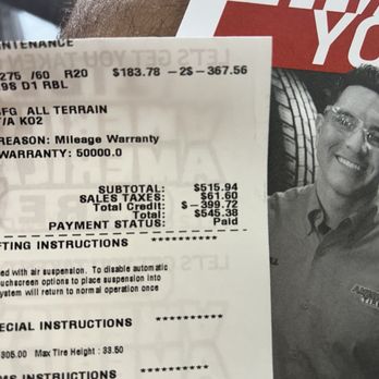 America's Tire - $399.72 credit they gave me because, "I was upset." No $399.72 credit because the tires are under warranty, Luis Z. - Tires Near Me - Riverside, California America's Tire - $399.72 credit they gave me because, "I was upset." No $399.72 credit because the tires are under warranty, Luis Z. - Tires Near Me - Riverside, California