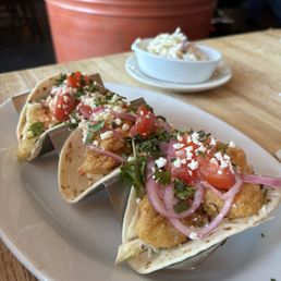 Crispy Shrimp Tacos and Cole Slaw side Crispy Shrimp Tacos and Cole Slaw side