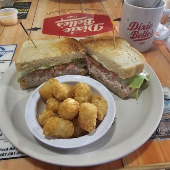 Dixie Belle's Cafe - Tuna Sandwich on Rye Bread and a side of tots - Breakfast & Brunch Near Me - Orlando, Florida